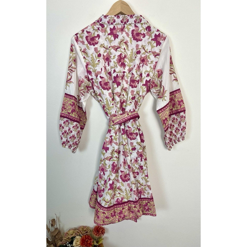 SUE SARTOR Anthropologie Long-Sleeve Flounce Dress Pink Peridot Dahlia Floral L - Picture 15 of 16